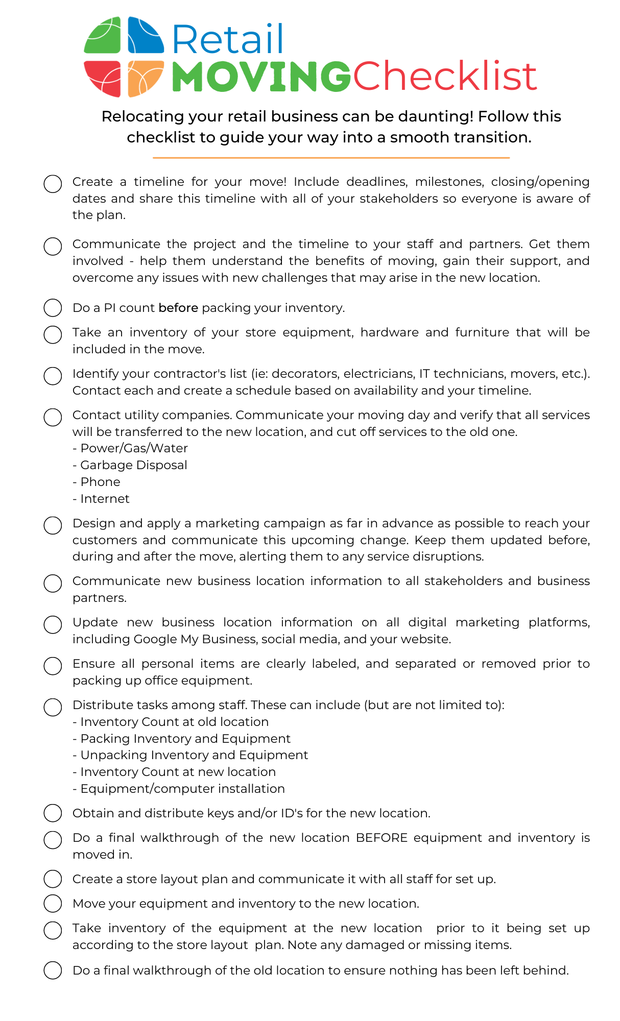 Retail Moving Checklist Retail by CRS Retail Moving Checklist Retail by CRS