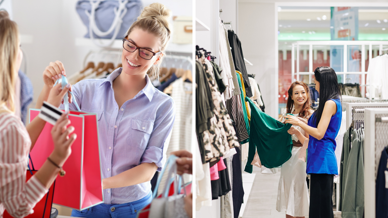 Comparison photo with left side showing white smiling blond woman cashing out customer and right side shows store clerk helping customer pick out clothes