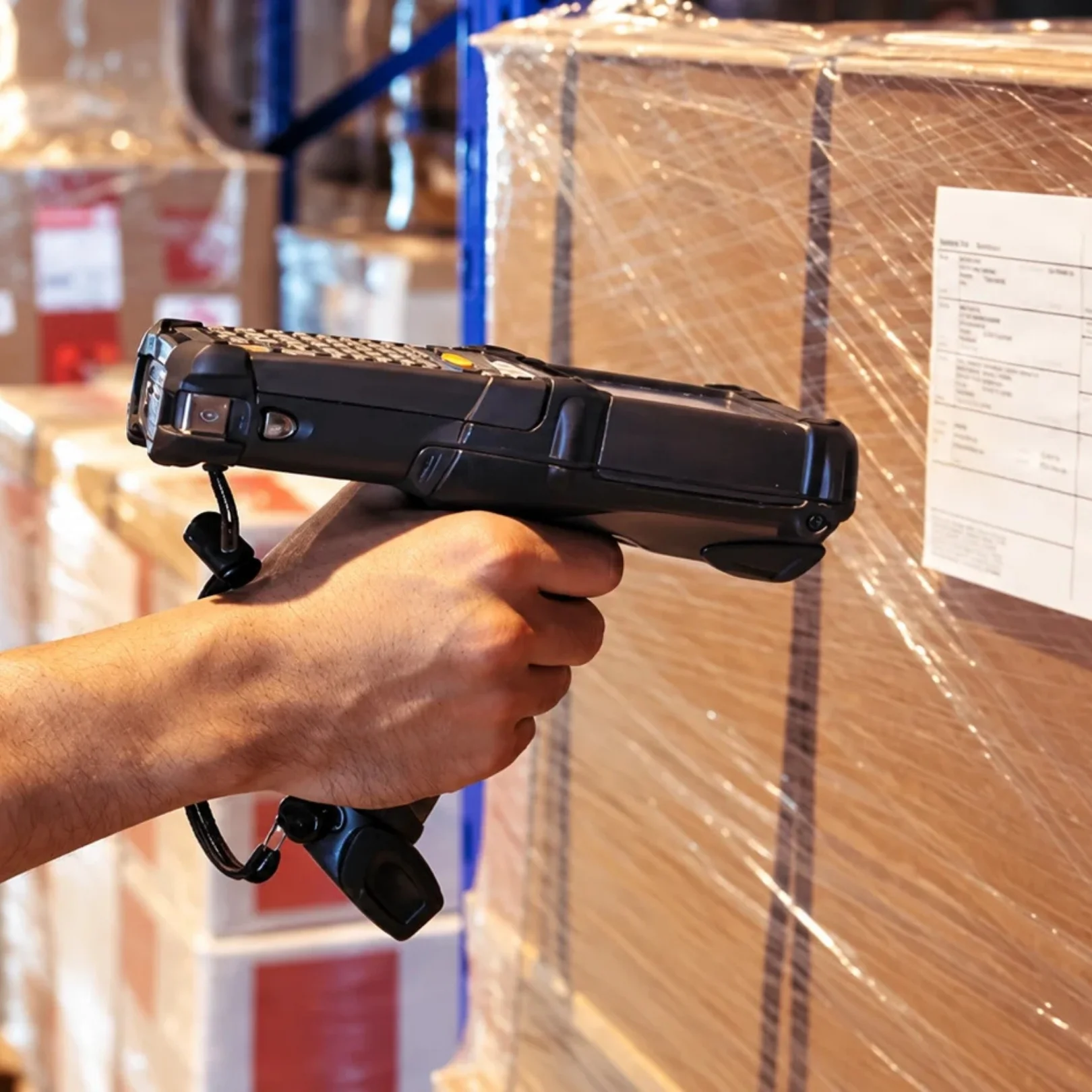 Handheld inventory scanner being used in a warehouse